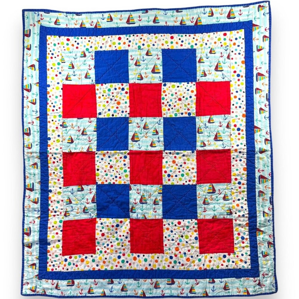 Baby Quilt Boy's Handmade Blue and Red XL 39"x35" Patchwork Blanket Boats